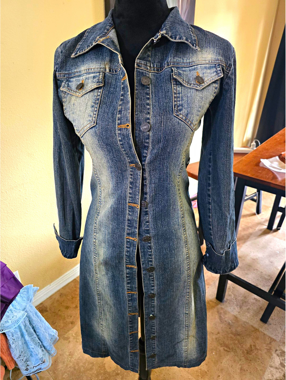 Kirsten Jean Y2K Vintage Long Denim Jacket Coat Dress Size Small Cotton